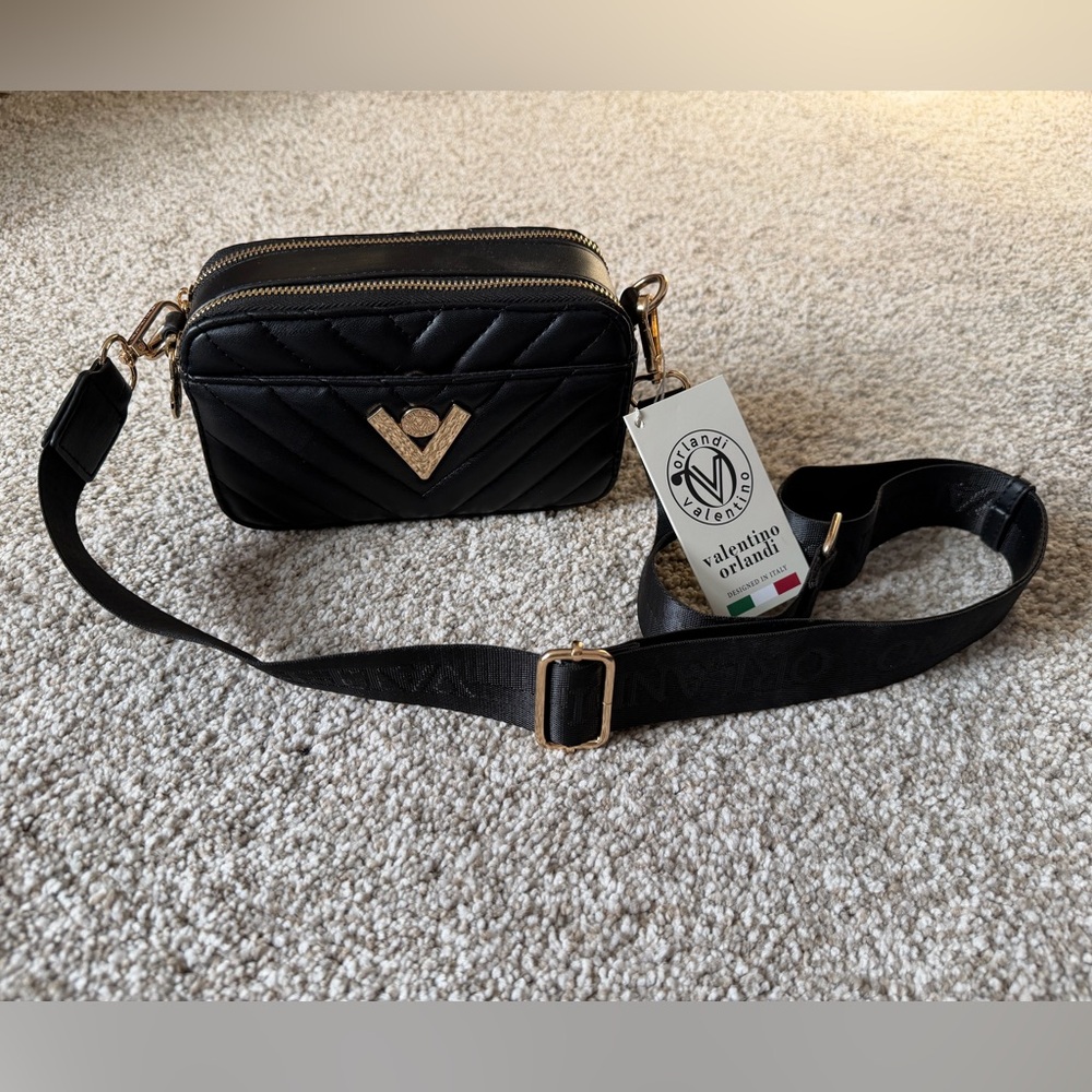 NWT Valentino Orlandi Black Double Zip Handbag Crossbody Purse
